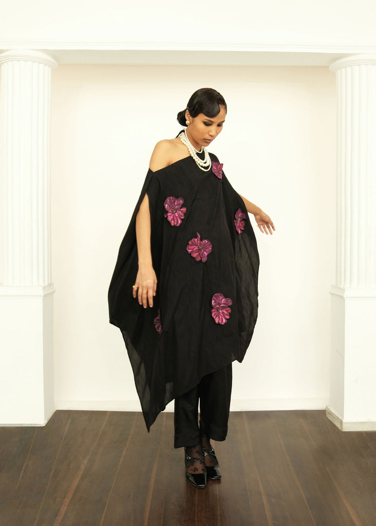 Applique Black Off Shoulder Dress - OFRIDA INDIA